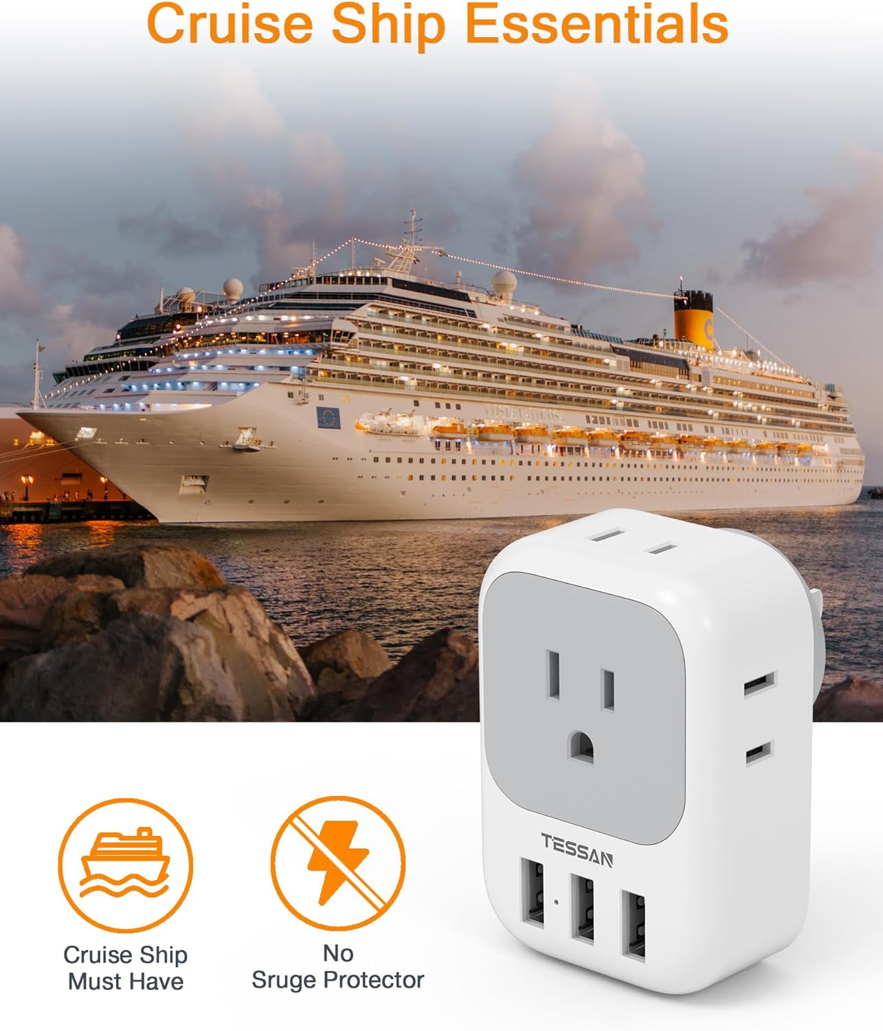 USB Plug Adapter with Electrical 4 Box Splitter 3 USB Wall Charger Ports and Multi Plug Outlet Extender