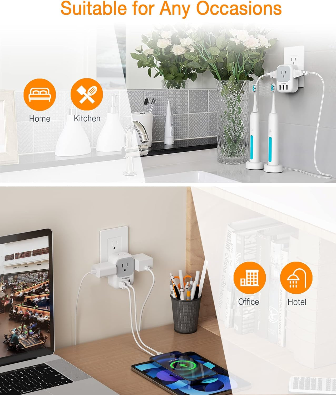 USB Plug Adapter with Electrical 4 Box Splitter 3 USB Wall Charger Ports and Multi Plug Outlet Extender