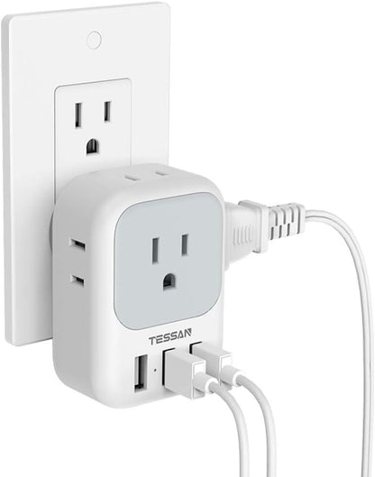 USB Plug Adapter with Electrical 4 Box Splitter 3 USB Wall Charger Ports and Multi Plug Outlet Extender