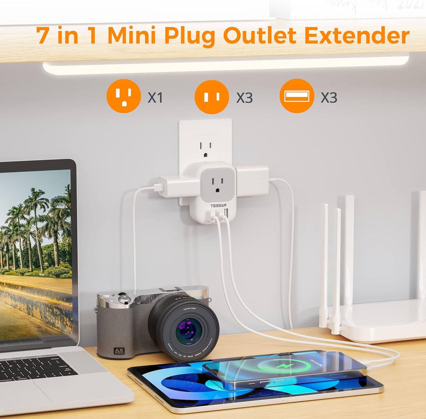 USB Plug Adapter with Electrical 4 Box Splitter 3 USB Wall Charger Ports and Multi Plug Outlet Extender